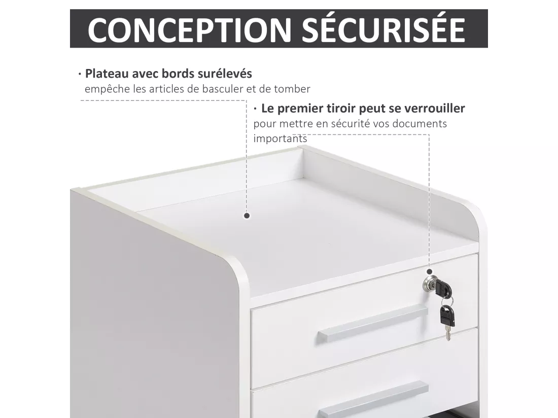 Caisson de bureau rangement bureau sur roulettes 3 tiroirs 1 verrouillable 1 trieur dossiers MDF panneaux blanc