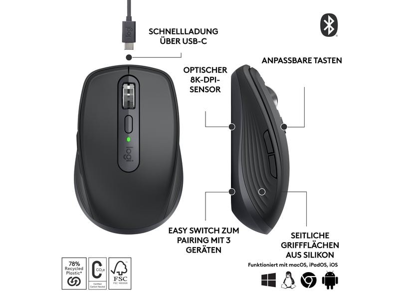 Logitech Mobile Maus MX Anywhere 3s Graphite Kompakte kabellose Performance-Maus mit 8K DPI-Sensor