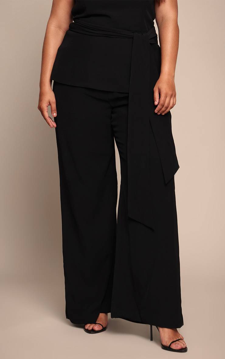 Noir Pantalon Large Taille Haute Tissé Ajusté Grande Taille Ensemble Coordonné