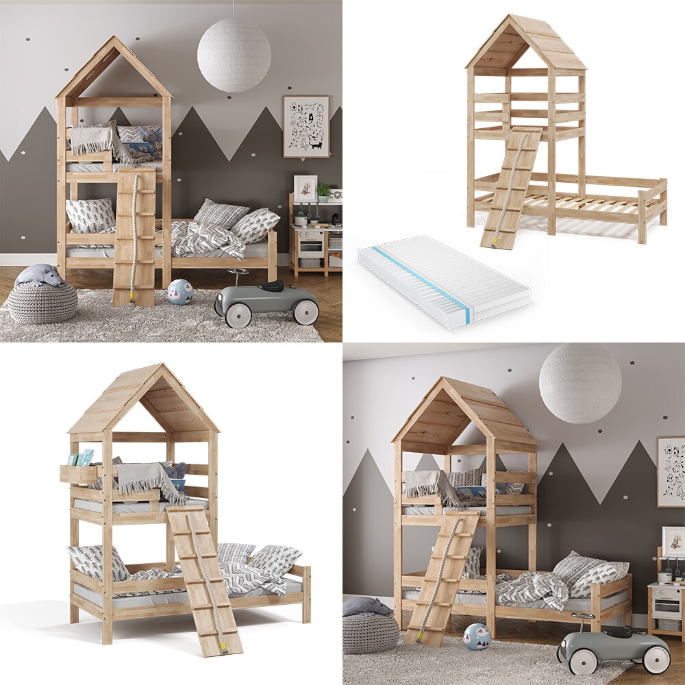 VitaliSpa Kinderbett Teddy 90x200cm mit Matratze Spielbett Jugendbett Spielturm Natur