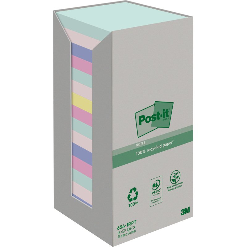 Notes repositionnables recyclées couleurs nature Post-It - bloc de 100 feuilles