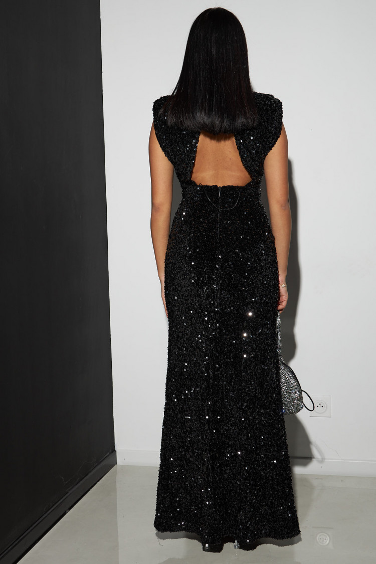 Robe noire manche courte à épaulette dos nu en sequins