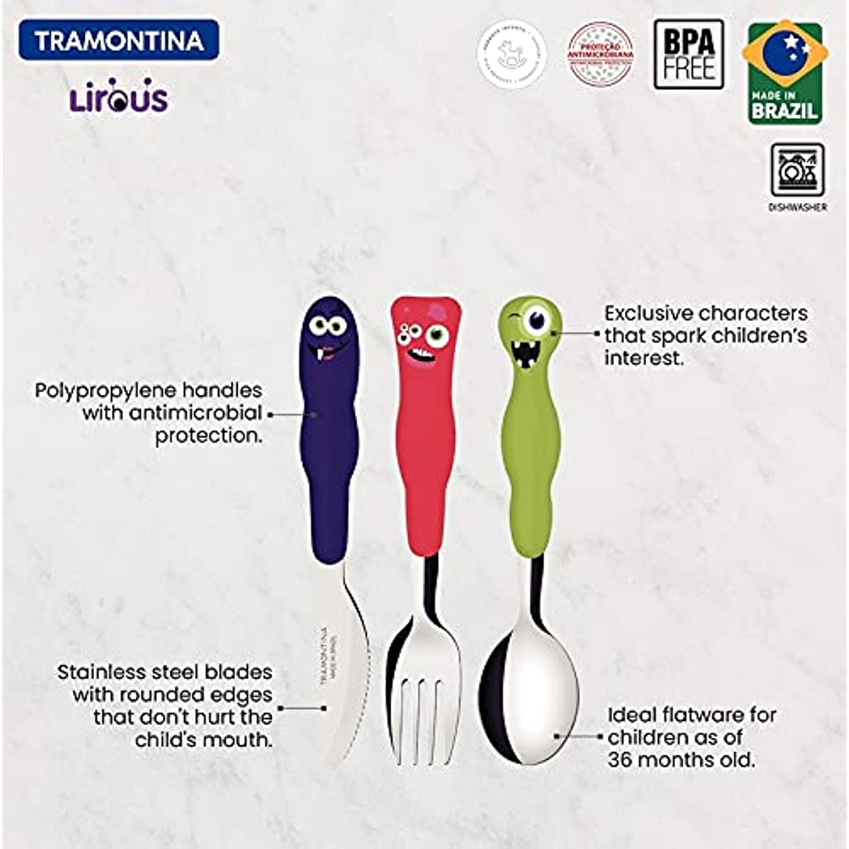 Jogo de Talheres Infantil Tramontina Lirous Colorido 03 Pe&ccedil;as