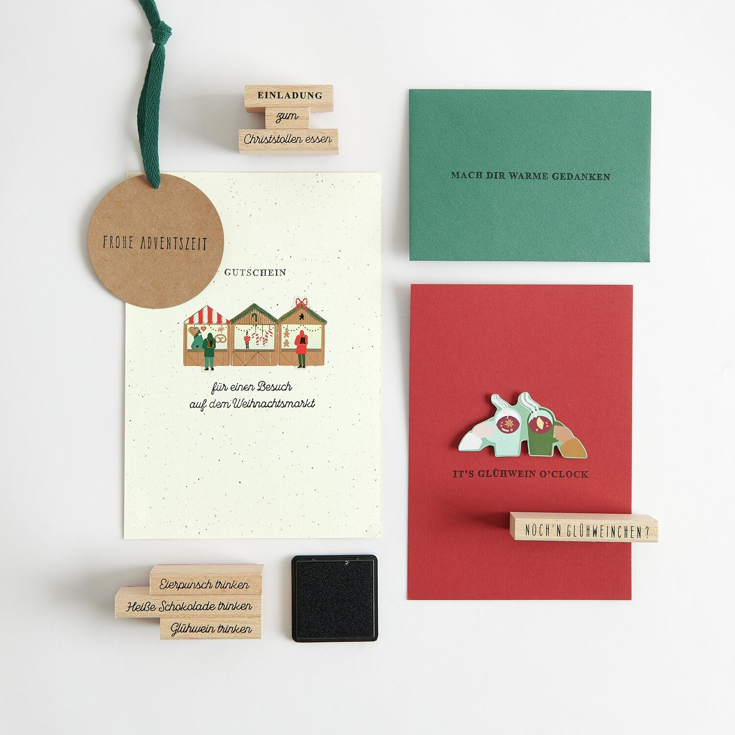 (21-tlg. Set) Weihnachts Holz Stempel Kit DIY Karten / Brief Deko Christmas Stempel inkl. Stempelkissen (302361) - Weihnachtsmarkt Types