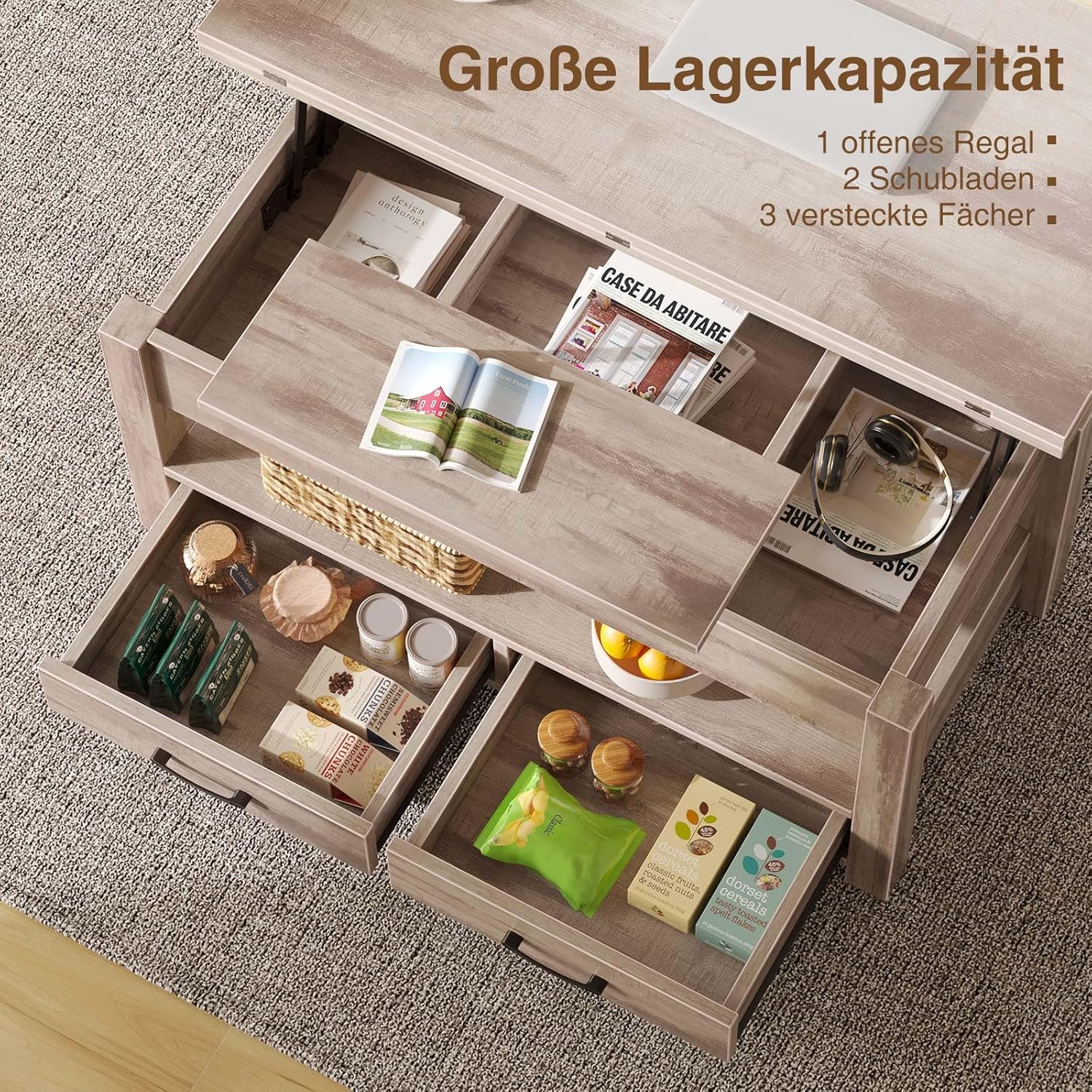 Rolanstar Couchtisch Höhenverstellbar, Wohnzimmertisch mit Schublade & verstecktem Fach, Kaffeetisch umwandelbar in Esstisch, 100 x 50 cm Sofatisch aus Holz