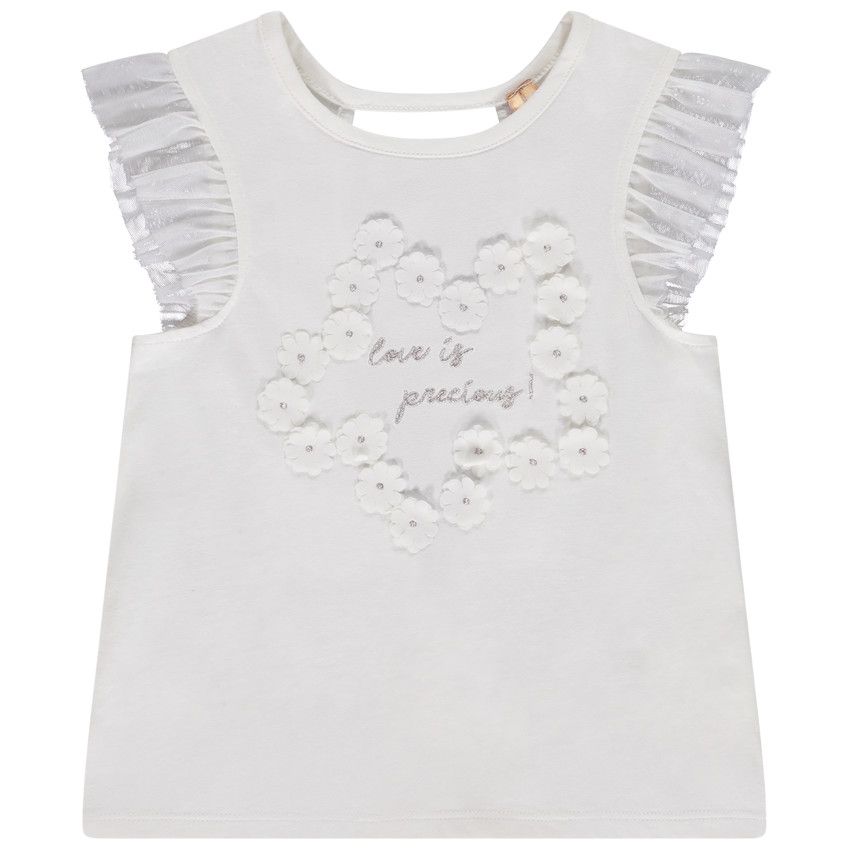 T-shirt manches courtes en tulle et fleurs 3D pour fille - Ecru