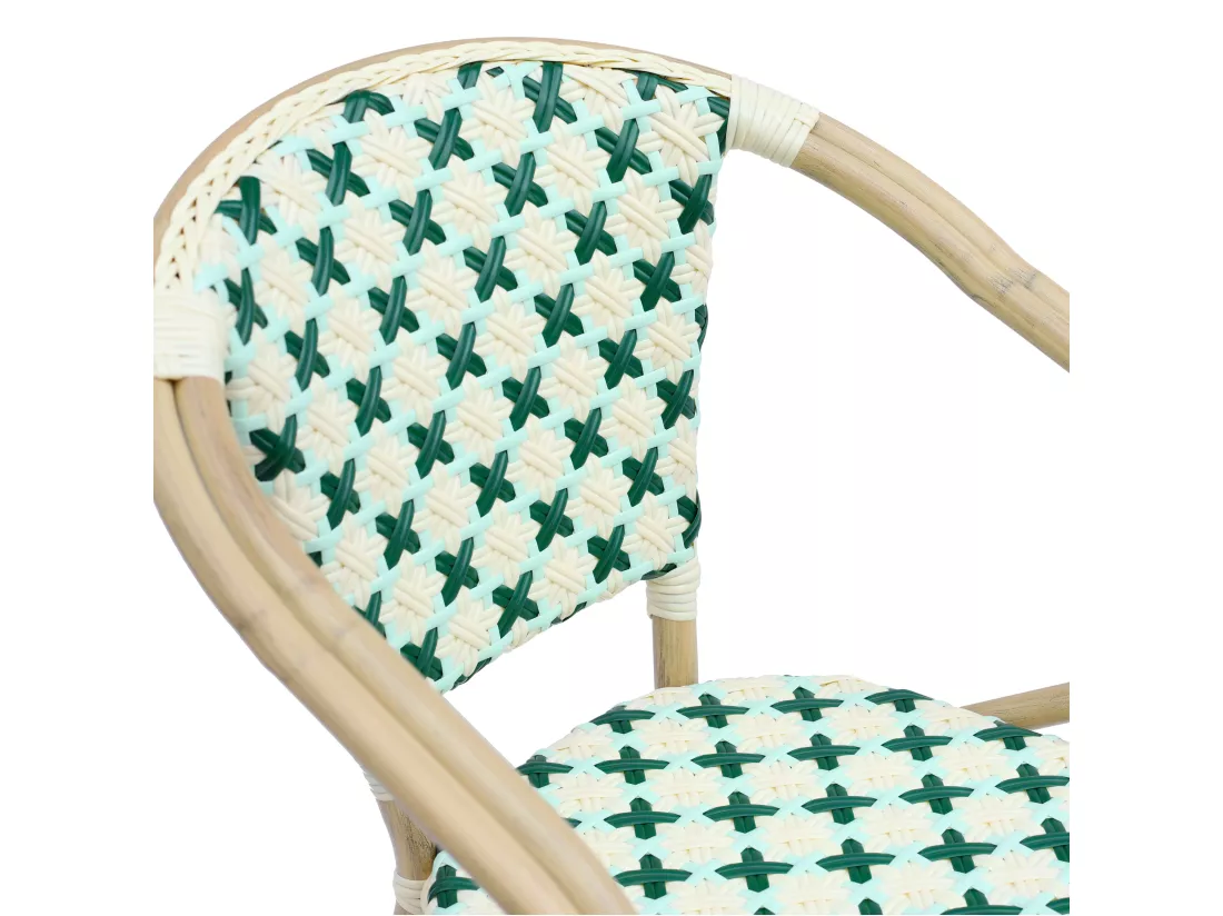Fauteuil de terrasse bistrot parisien en aluminium et rotin vert foncé