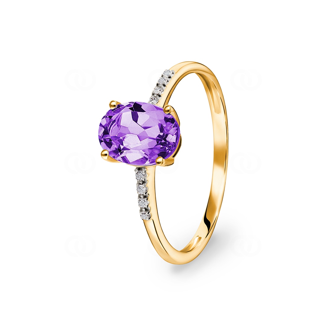 Damenring 750/18 K Gelbgold mit Amethyst oval und Diamanten 0.02 ct H/si