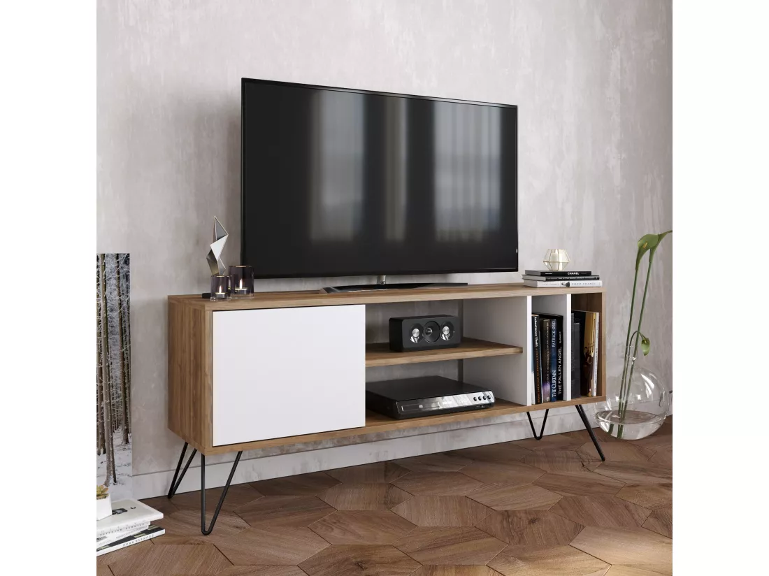 Meuble TV Mistico de 140 cm avec étagères ouvertes et armoire avec le pied en métal (Noyer et Blanc)