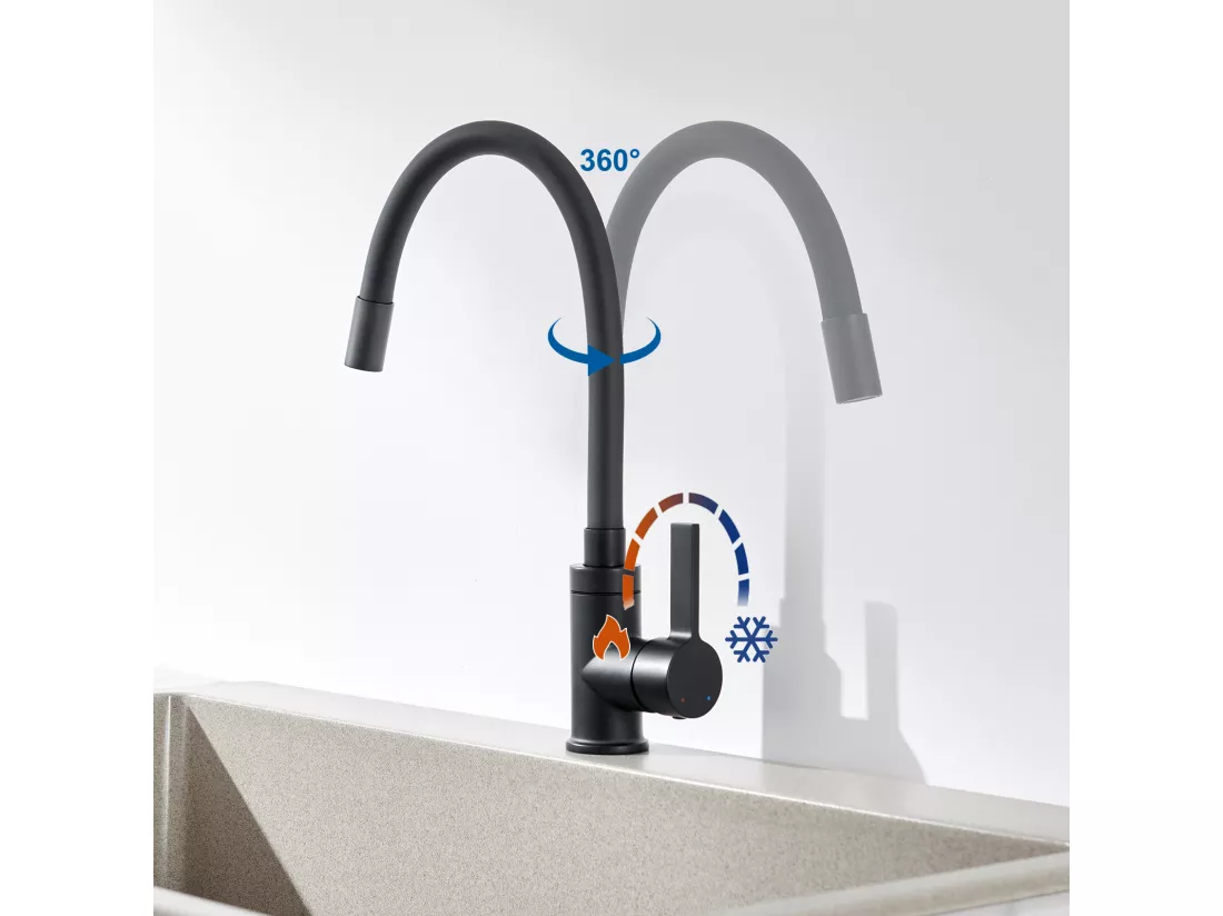 AURALUM MAX Mitigeur Cuisine Flexible Bec Haut Orientable Librement Mitigeur Évier Flexible Pivotant 360° Robinet Evier Eau Chaude/Froide,Noir