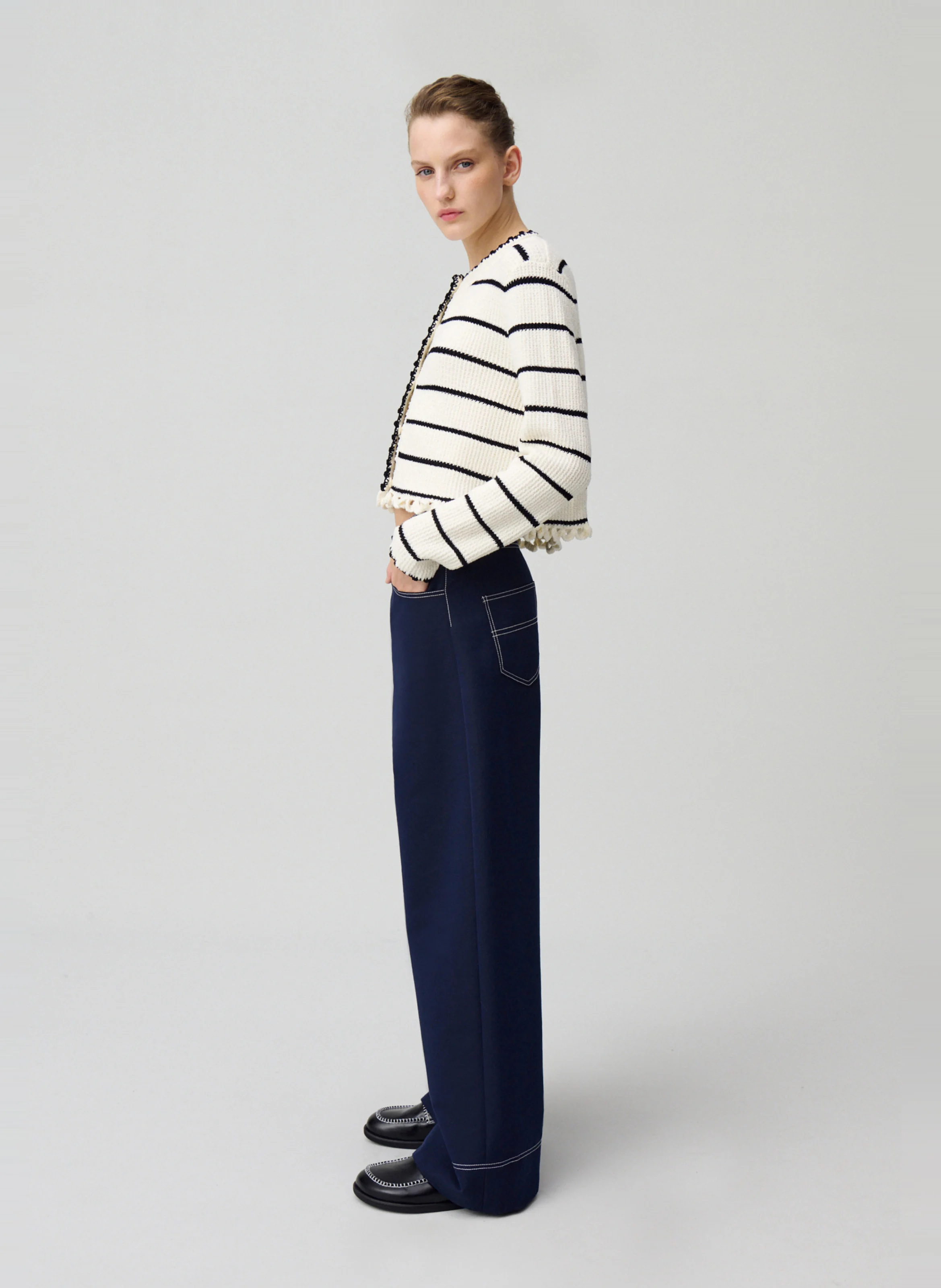 Pantalon large à ourlets en coton mélangé | Bleu