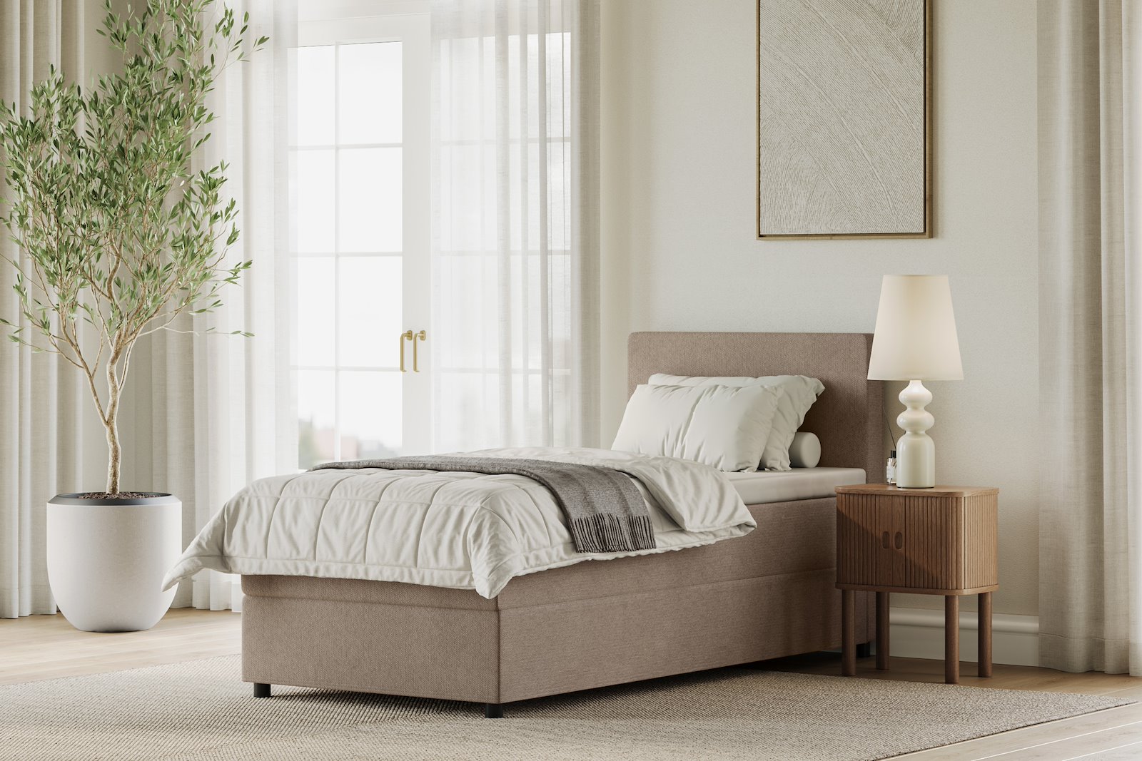 Premium 10 oppbevaringsseng 90x200 cm Magasinseng med oppbevaring, åpnes fra siden. I tekstil storm 06 mørk beige, med medium fasthetsgrad og premium 10 overmadrass, Sorte ben.