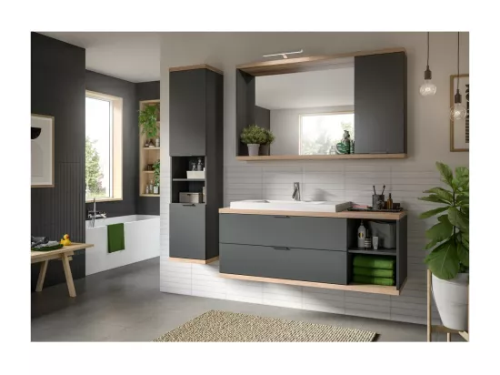 Colonne de salle de bain NOYA gris à suspendre – 2 portes, 3 étagères, 161 cm