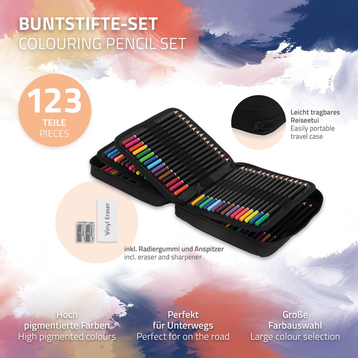ECD Germany 120 kleurpotlodenset voor kinderen en volwassenen, zachte kern, professionele tekenset in etui met rits, kleurpotloden om te tekenen en kleuren, tekenpotloden