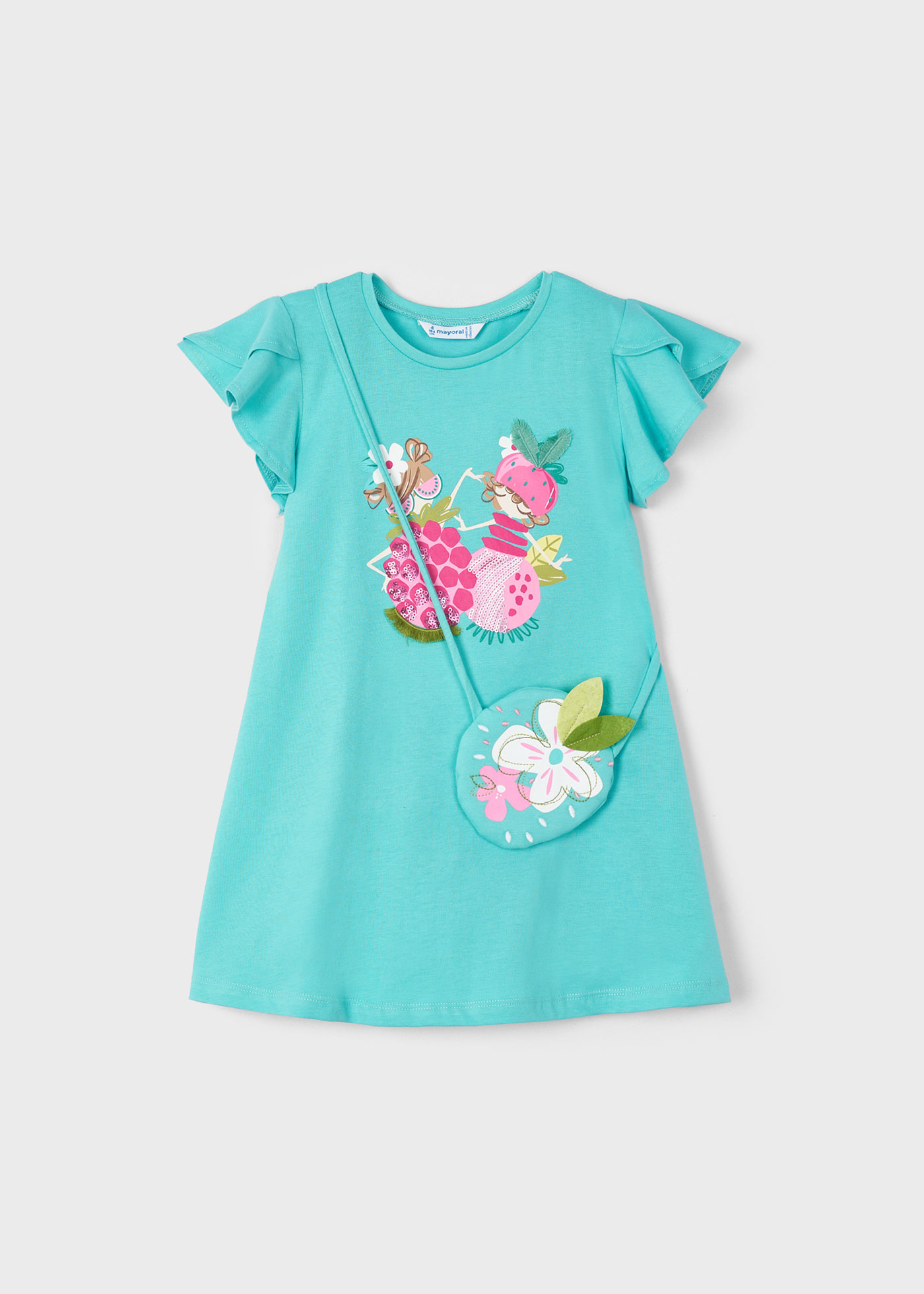 Vestido estampado fúcsia com bolsa para meninas