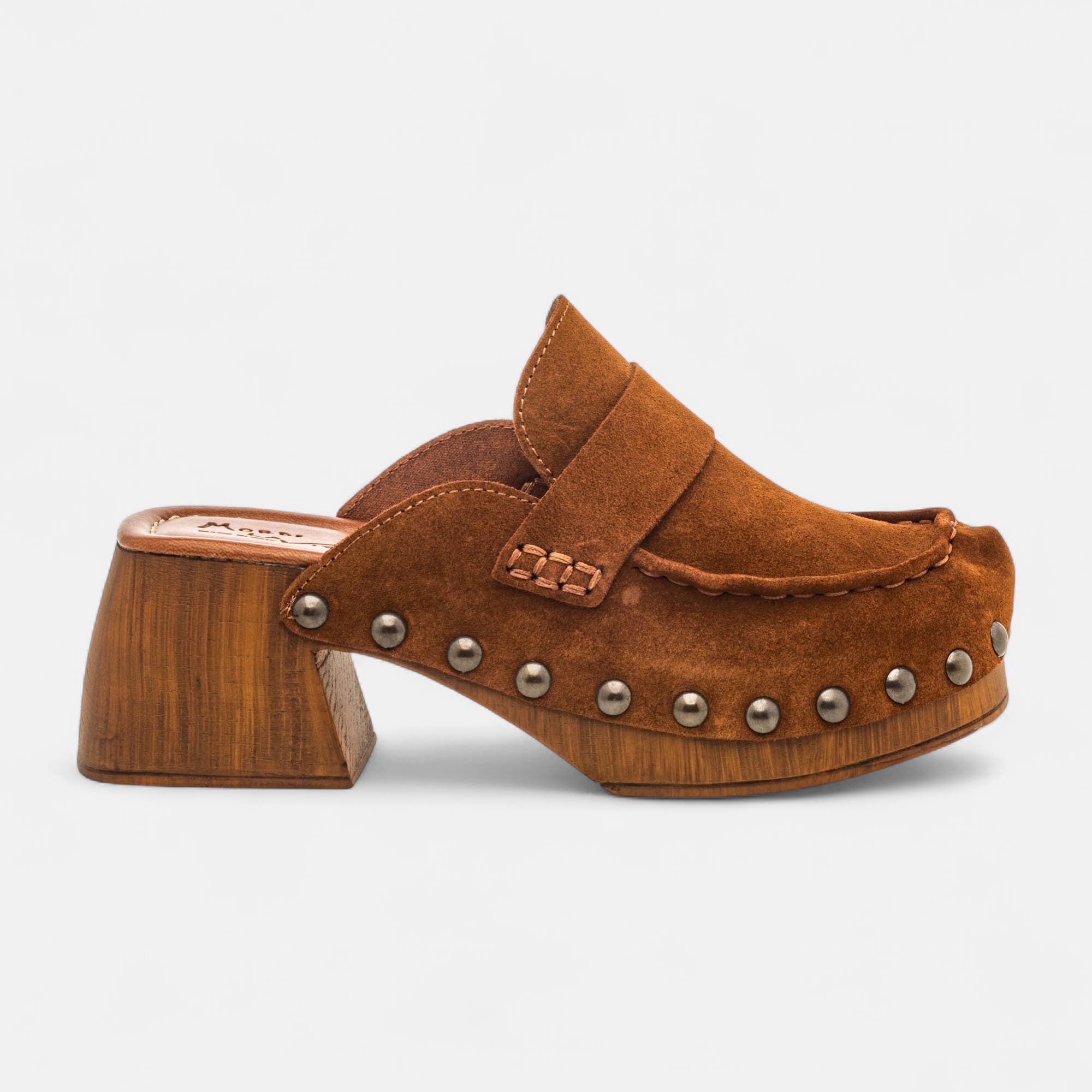 Chaussures semelle bois à talon Femme en cuir cognac
