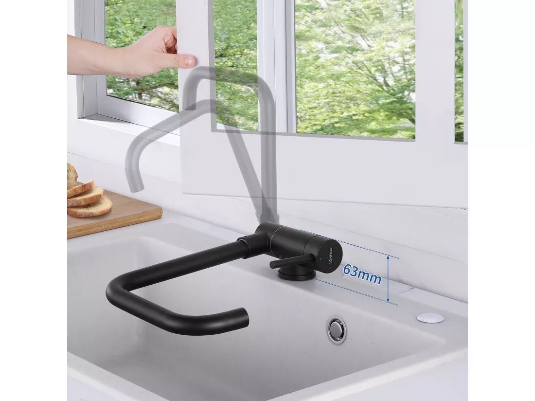 Lonheo Max 2pcs Mitigeur Cuisine Rabattable Pivotant 360°,avec Poignée Pliable Contre Fenêtre,Mitigeur Evier Eau Chaude Froide ,Noir,EU Modèle
