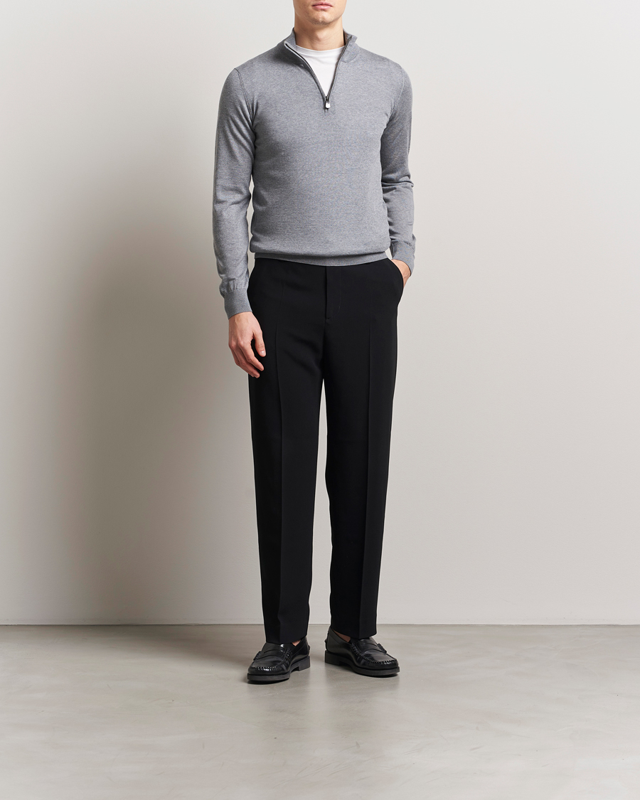 Piacenza Cashmere Merino Wool Crew Neck Half Zip Light Grey