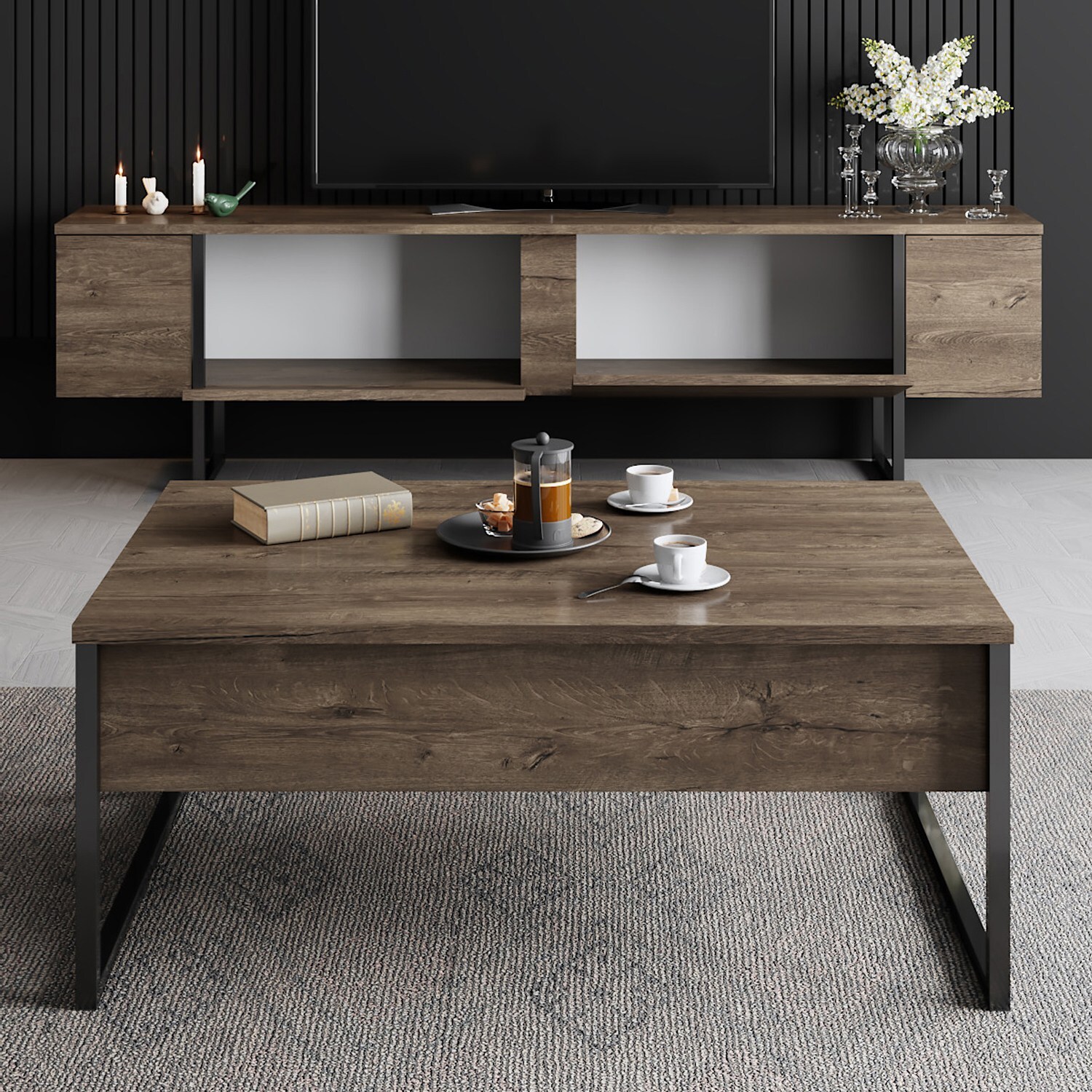 Homtex Moderner TV-Ständer, 180x50x30 cm, Walnuss/Schwarz, Melaminbeschichtet