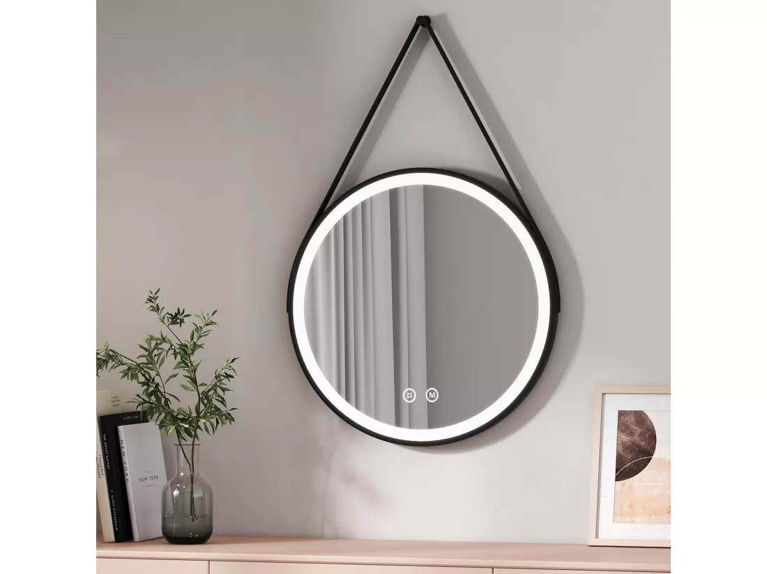 EMKE Miroir lumineux salle de bain rond diamètre 60cm cadre noir, Sangle réglable, Miroir LED avec Interrupteur Tactile, Lumière Froide/Chaude/Neutre