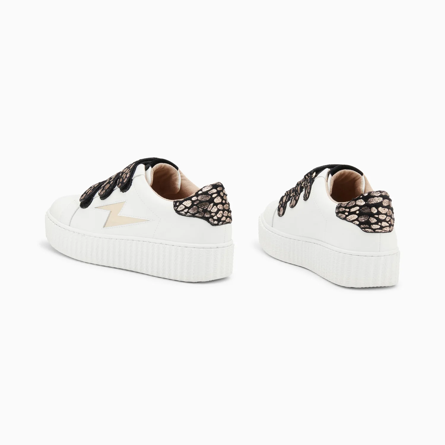 Sneakers-Baskets éclair Daisy blanc et or à scratchs léopard