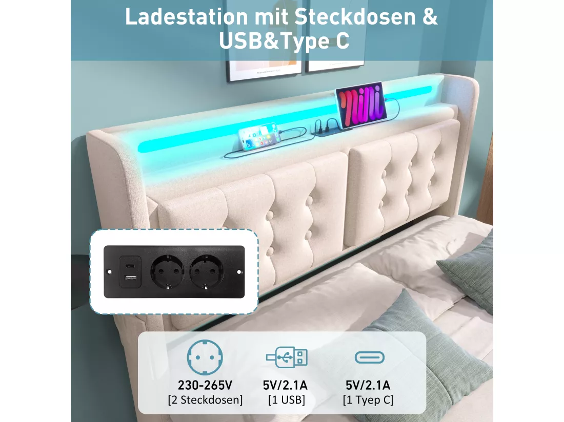 Lit capitonné 140 x 200 cm avec 4 tiroirs, tête de lit LED, prise USB Type-C - Tissu en coton - Beige (sans matelas)