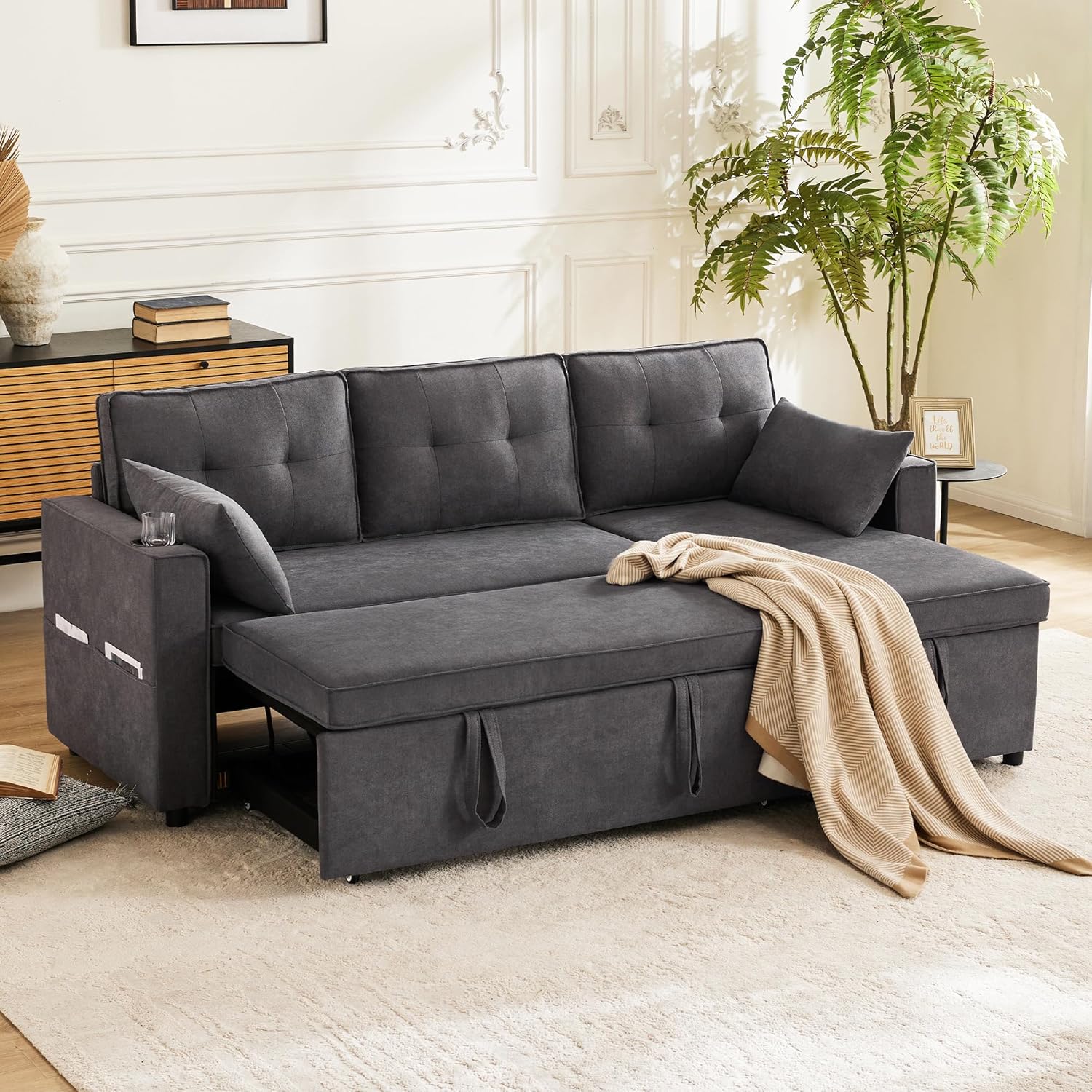 Bladez L-förmiges Schlafsofa mit Stauraum Getränkehalter austauschbare Chaise Longue Modernes Ecksofa Wohnzimmer Sofa Baumwoll-Leinen (Grau, 3 Sitzer)