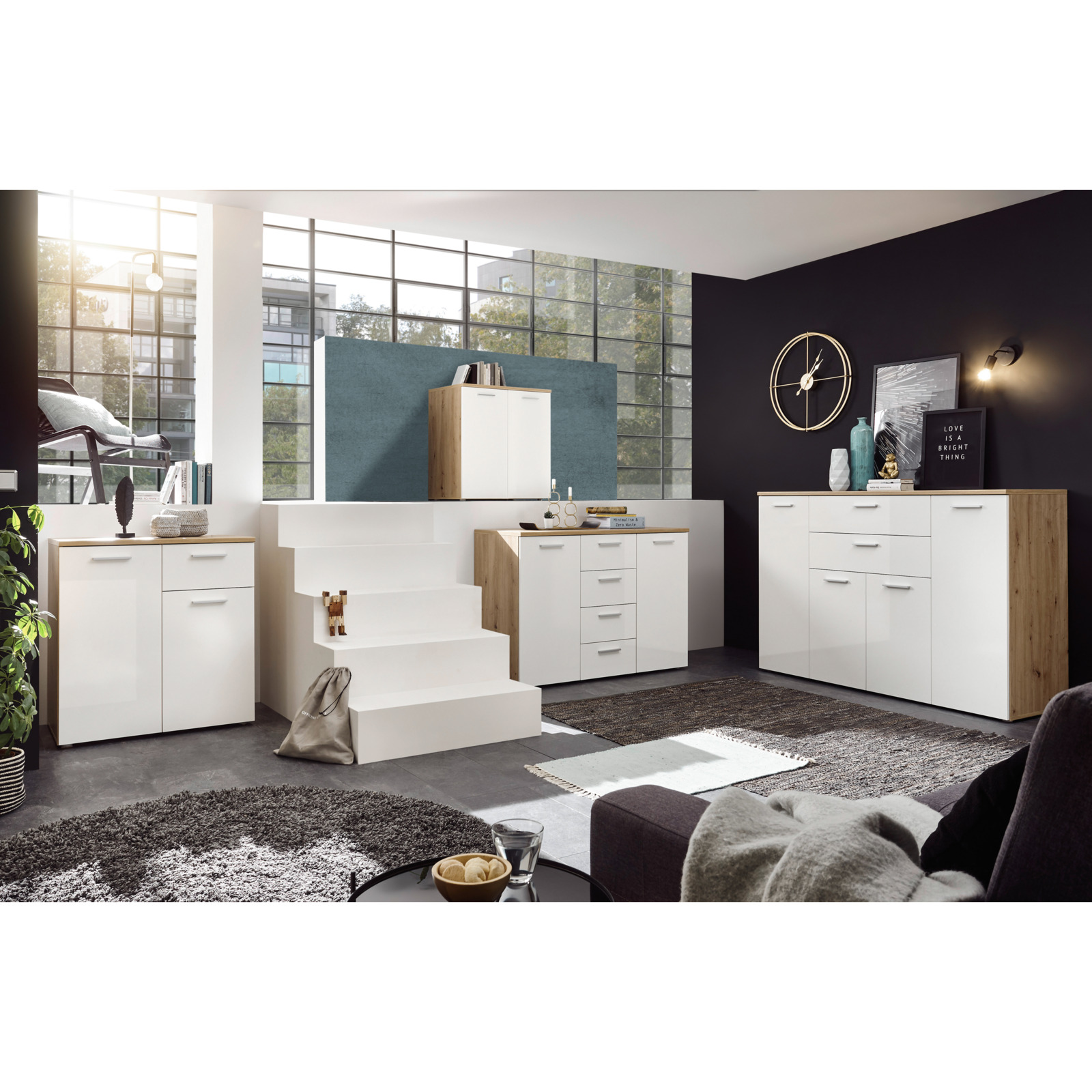 Kommode Paul Dekor Eiche Artisan Hochglanz weiss 80 x 85 x 50 cm