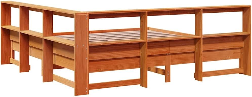 vidaXL Massivholzbett mit Regal ohne Matratze Wachsbraun 180x200 cm, Holzbett mit Regal, Massivholzbett mit Regal, Bett, Holzbett mit Bücherregal