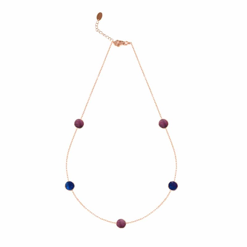 Collier Argent Rose Goutte De Cristal Prune Et Marine