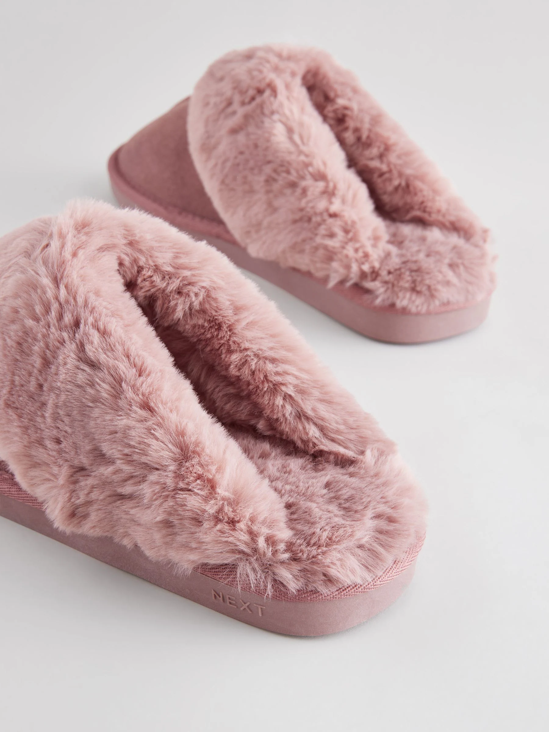 Mink roze - Met imitatiebont gevoerde suède pantoffelmuiltjes