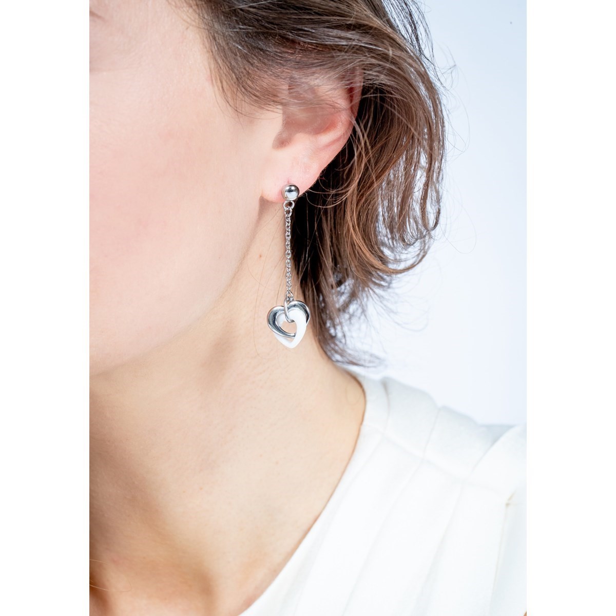 Boucles d'oreilles pendantes en Acier 316L et céramique - blanc brillant