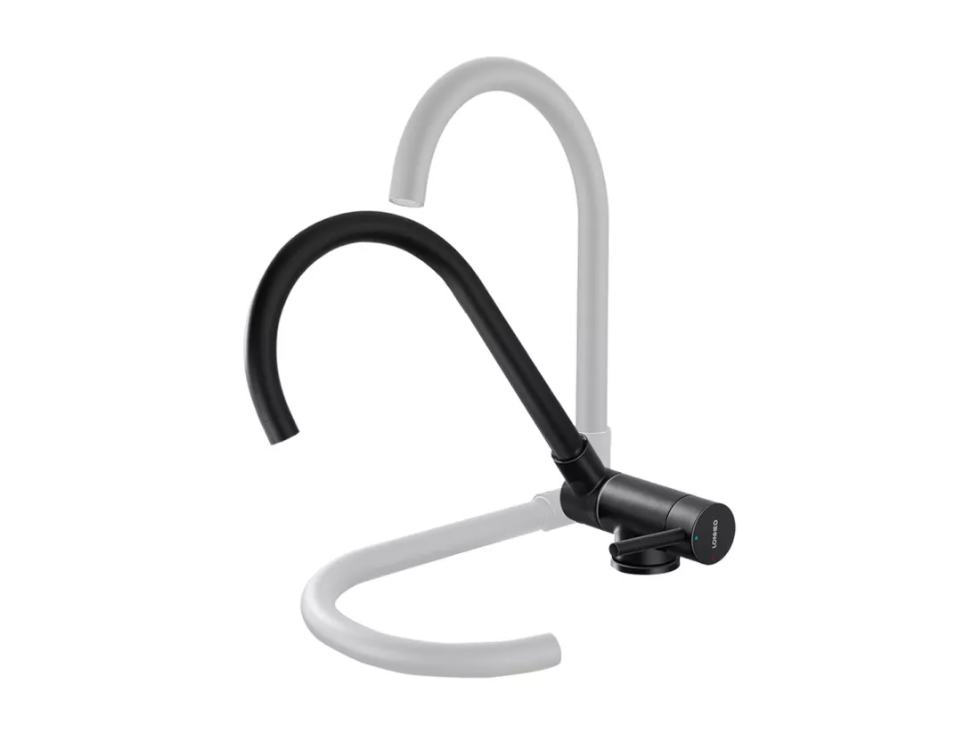 Lonheo Max Mitigeur Cuisine Rabattable Noir Pivotant 360°,Robinet Cuisine avec Poignée Pliable Contre Fenêtre,Acier Inox,Eau Chaude/Froide,EU Modèle