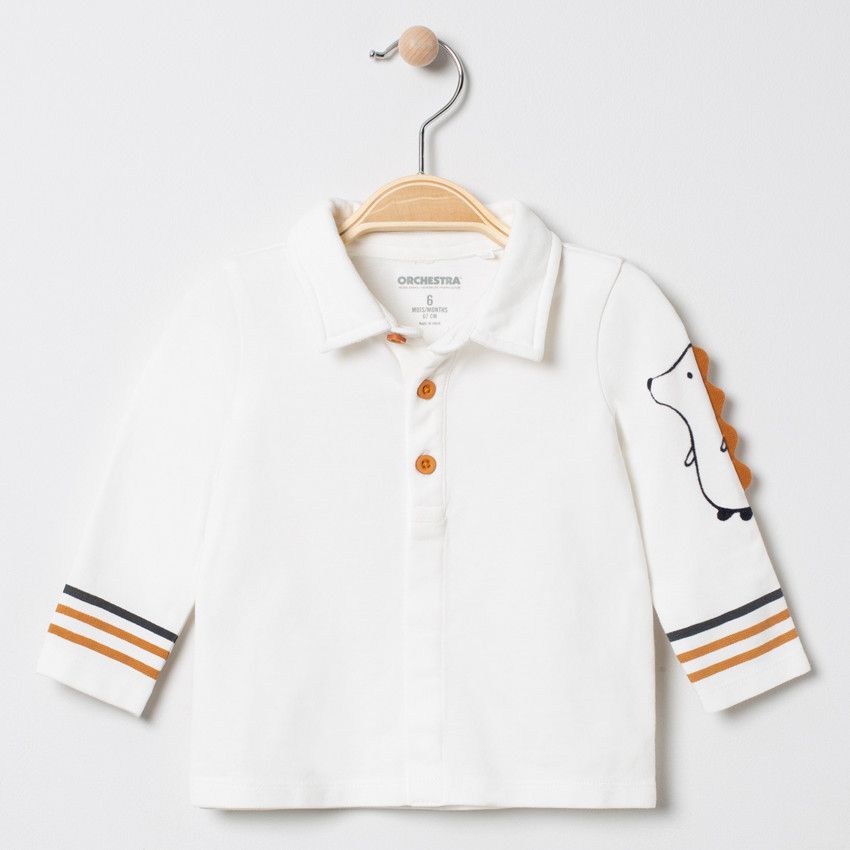 Polo manches longues à bandes et hérisson printé - Ecru