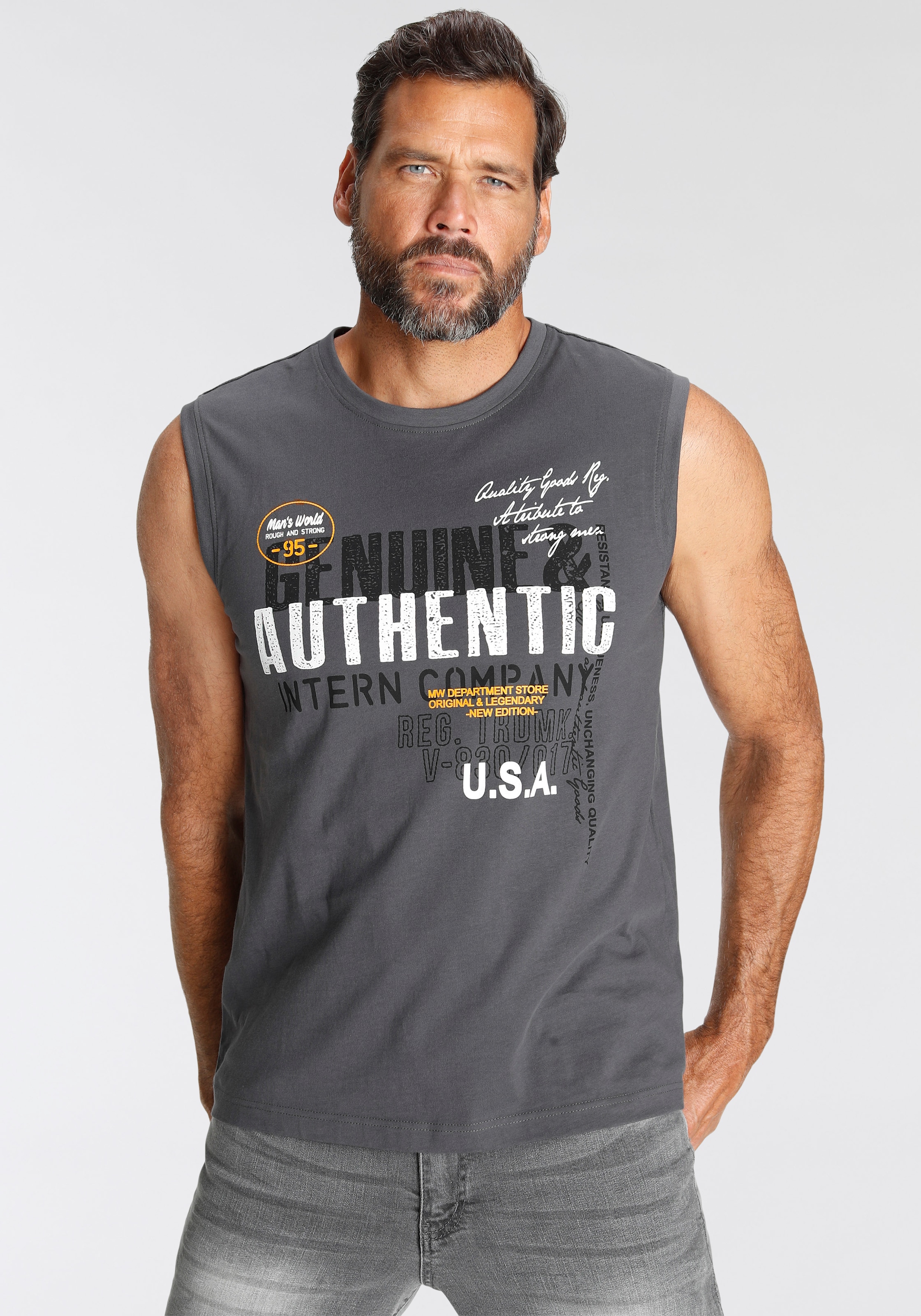 Man's World Muscleshirt , ohne Ärmel,  bedruckt,  Rundhalsausschnitt,  aus Baumwolle