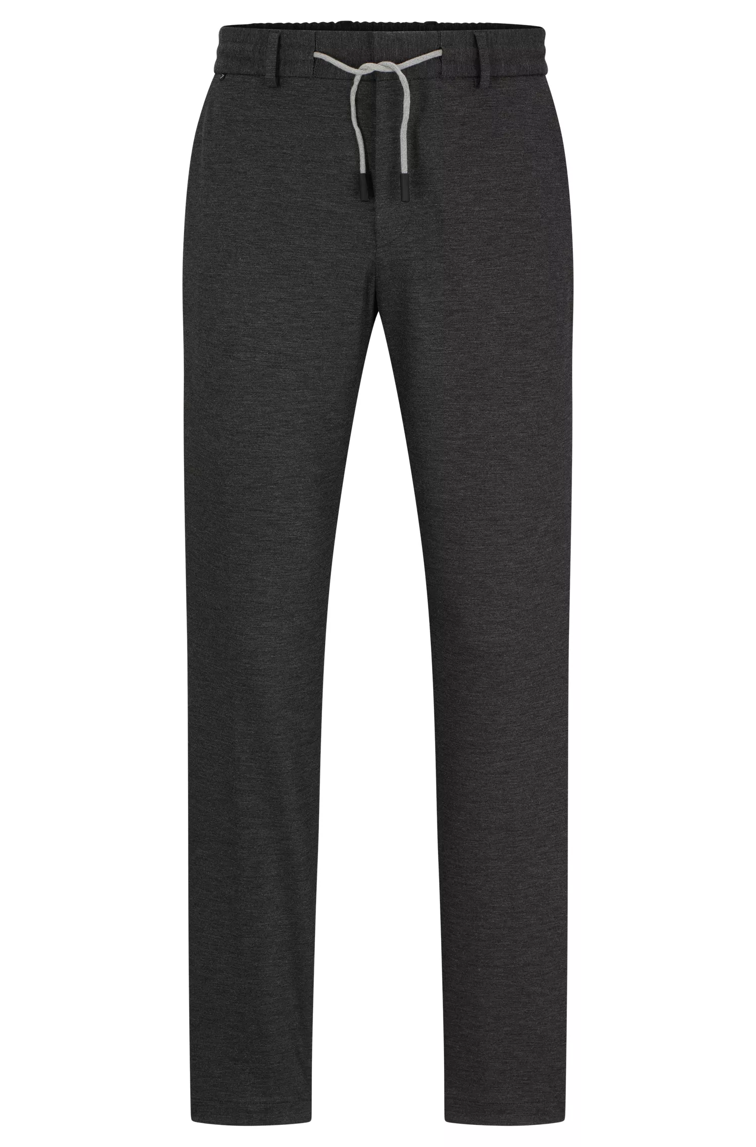 Calça BOSS preta, corte slim, em malha interlock de alta performance com elasticidade.