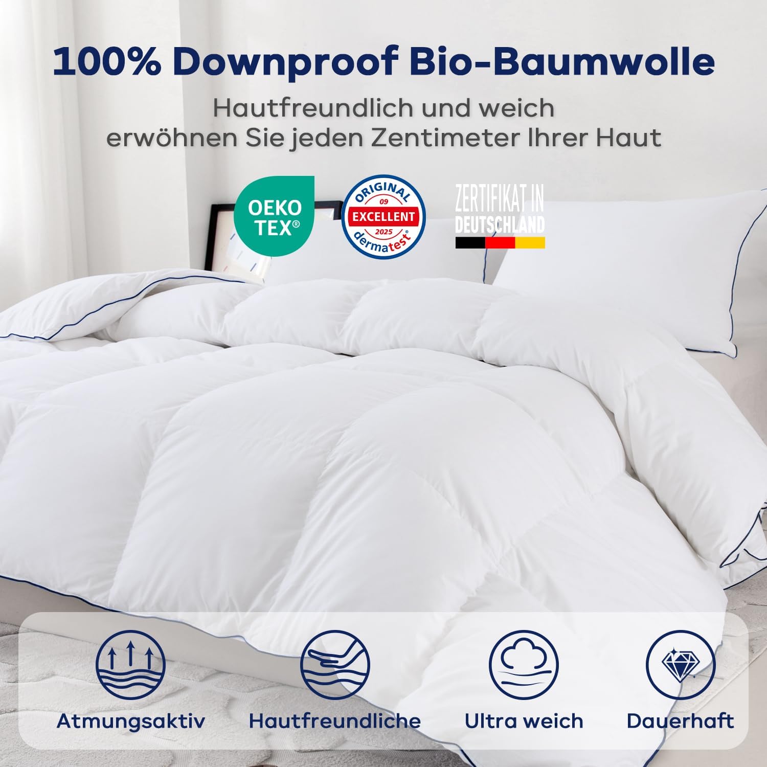 Winter Daunen Bettdecke, Daunendecke 155x220cm, 100% extra weiche Federn & Gänsedaunen, Oeko-Tex, RDS Zertifiziert Warme Winterdecke (Füllgewicht 2217g)