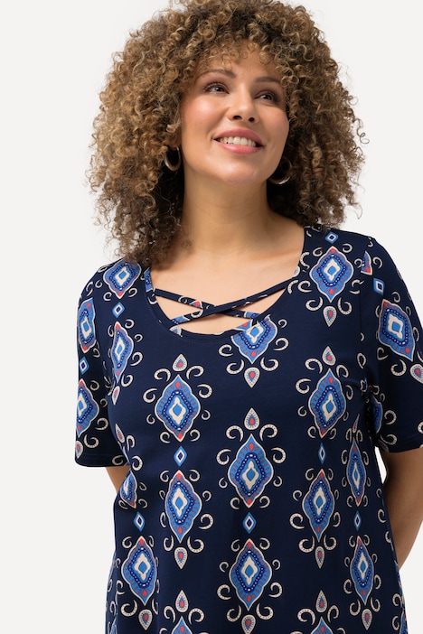 Longshirt, grafischer Druck, Zierbänder, Rundhals, Halbarm
