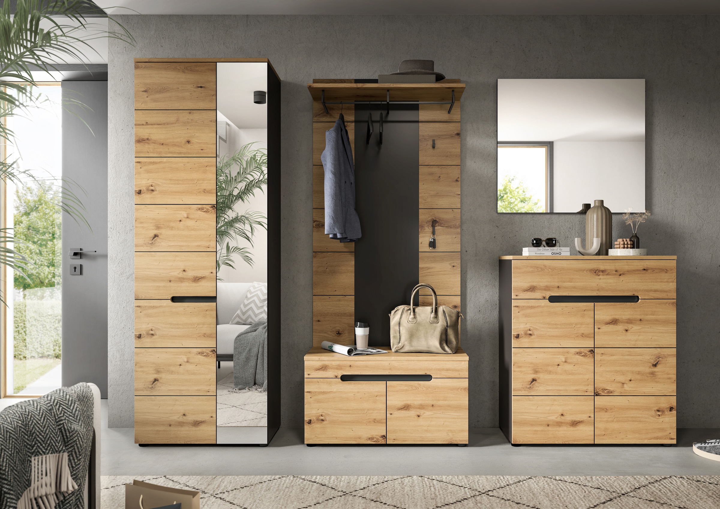 INOSIGN Garderoben-Set »REHAT, TOPSELLER!, 5-teilig, Breite 255cm, individuell erweiterbar« Set, bestehend aus: Garderobenschrank, Sitzbank, Paneel, Spiegel, Kommode, 5 Stk. tlg.