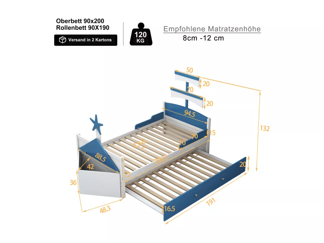 Lit gigogne 90 x 200 cm + 90 x 190 cm avec placard de rangement - Bois MDF - Bleu (sans matelas)