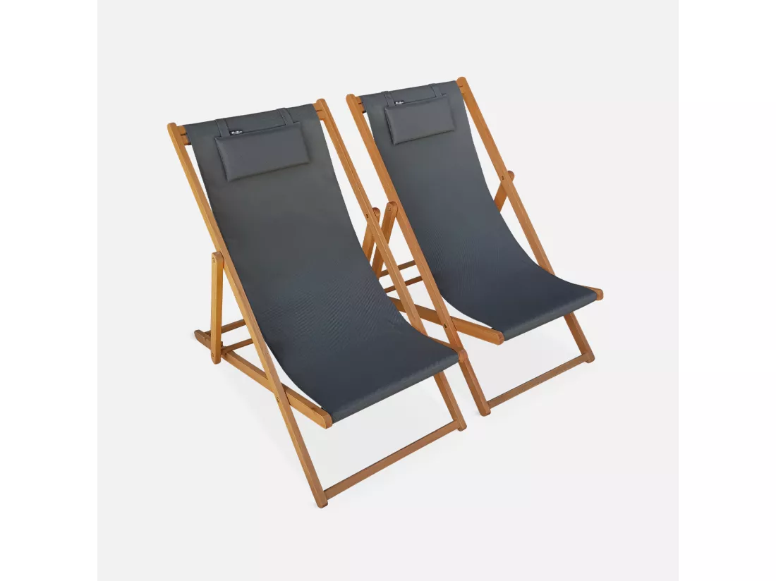 Chiliennes bois - Creus - 2 transats en bois d'Eucalyptus huilé avec coussin repose-tête gris