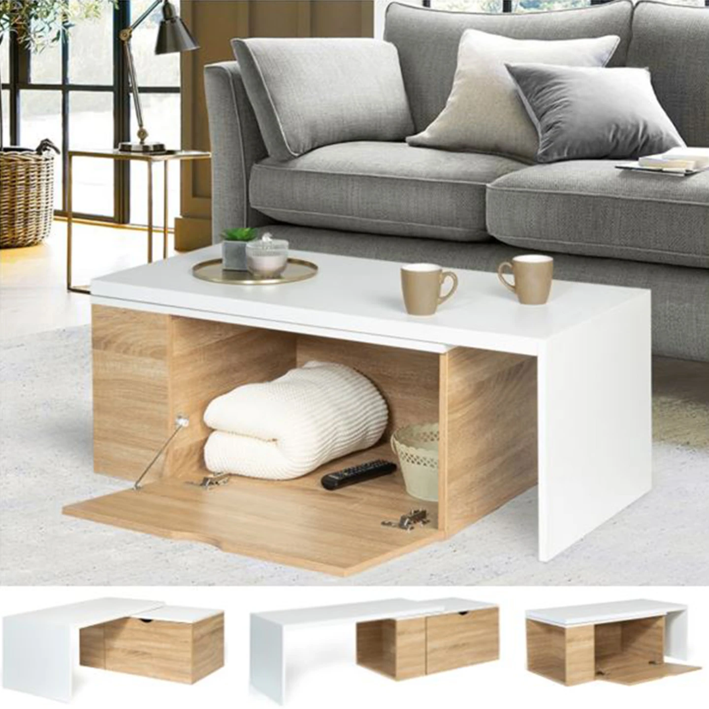 Table basse rotative bois et blanc 360° LIZZI extensible avec coffre