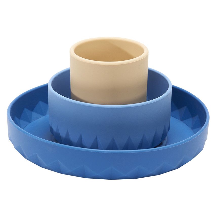 Coffret repas 3 pièces en silicone Origami  - Bleu - Ecru