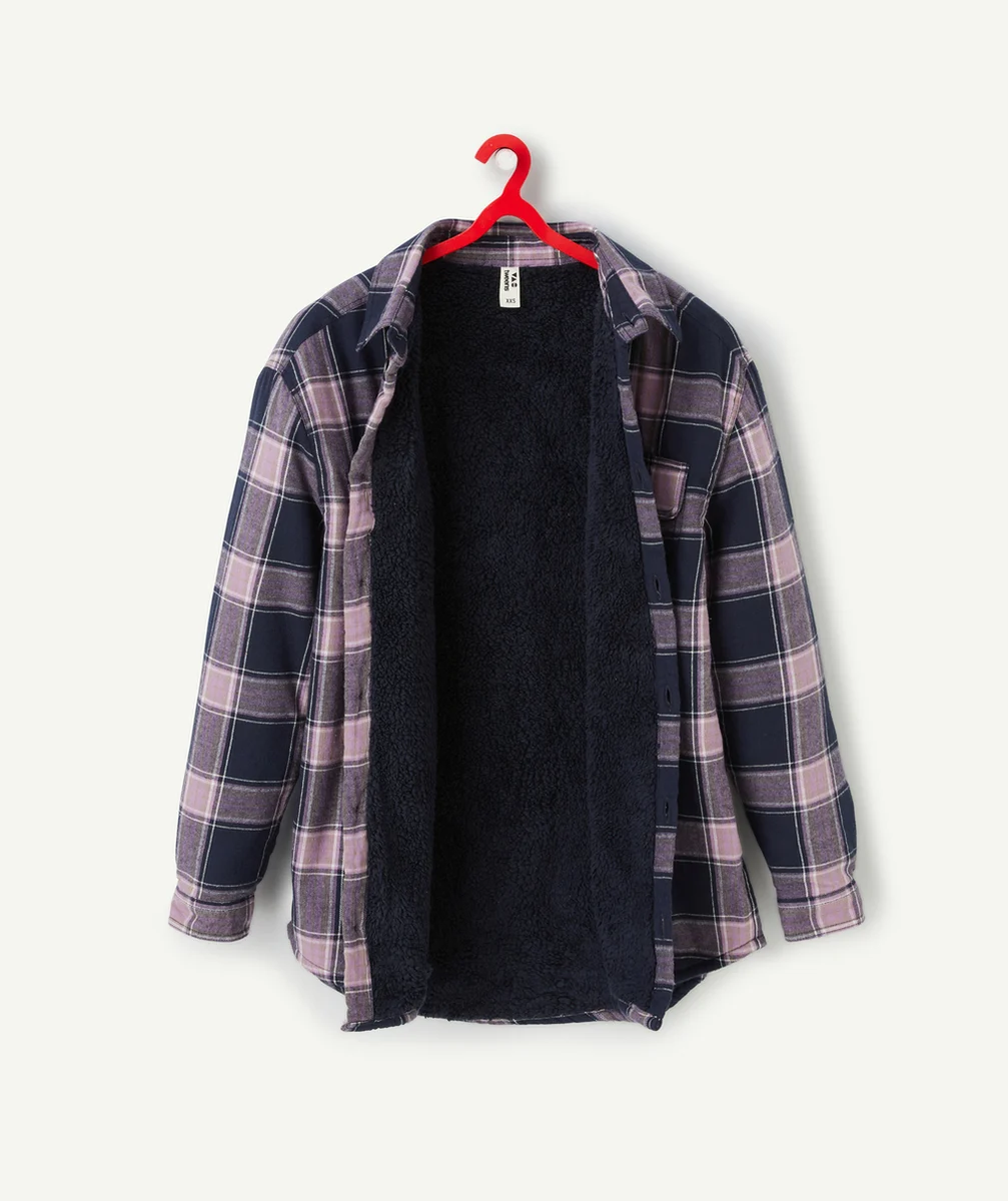 SURCHEMISE À CARREAUX FILLE DOUBLÉE SHERPA BLEU MARINE ET VIOLET