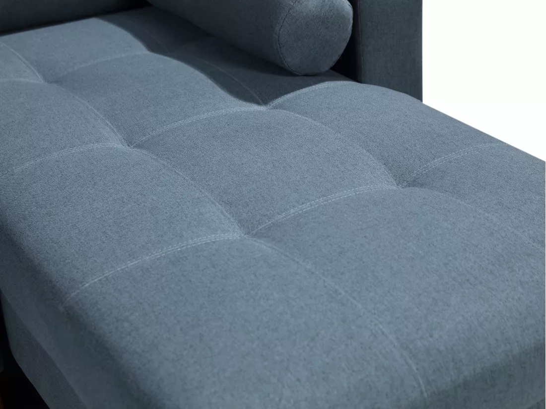 Canapé d'angle convertible et réversible en tissu bleu canard avec coffre de rangement KORI