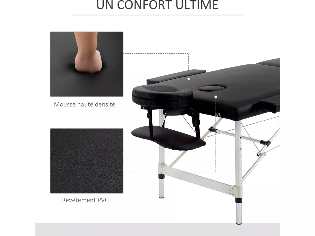 Table de massage pliable 3 zones hauteur réglable dim. 185L x 70l x 59-84H cm sac transport alu. synthétique PVC noir