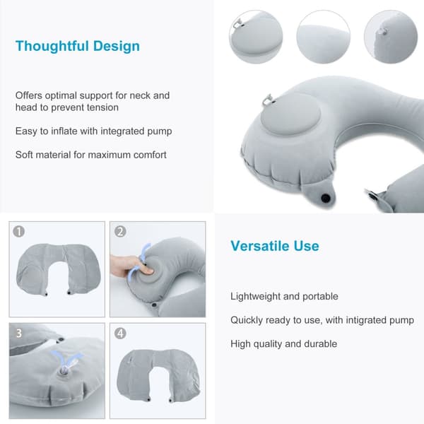 Oppblåsbar nakkepute Reisepute Oppblåsbar nakkepute i GRÅ og øyemaske med ørepropper i ergonomisk form Perfekt for camping, utflukter, reiser osv