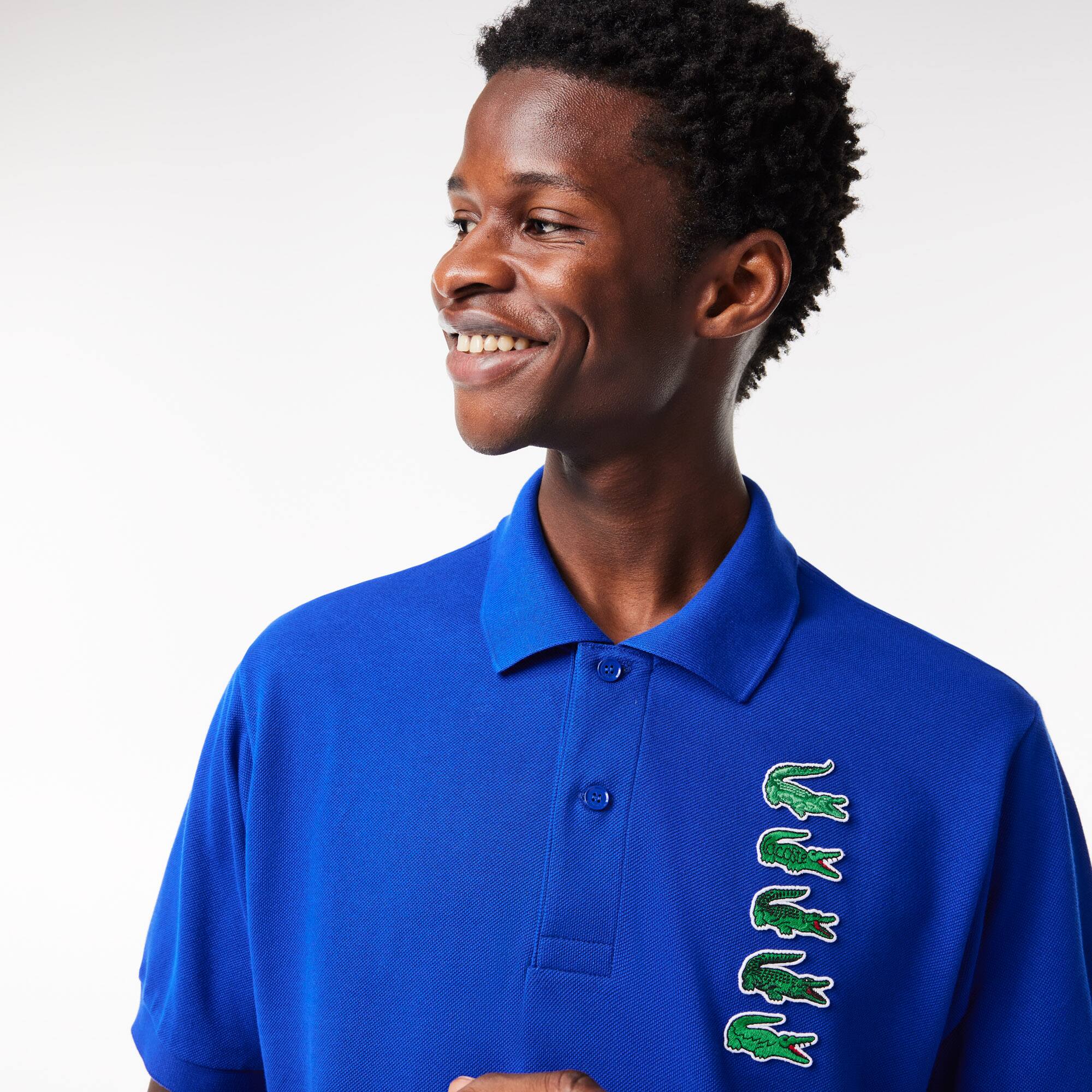 Poloshirt aus Piqué mit Croc-Aufnäher Kurze Ärmel - Blau - Lacoste - Herren
