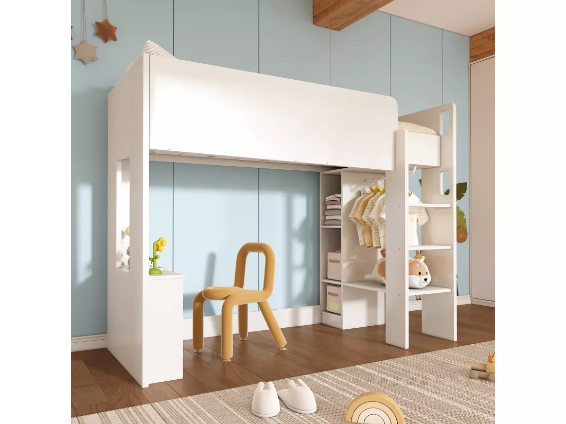 Lit mezzanine 90 x 200 pour enfant, Lit polyvalent 3 en 1 avec armoire, étagères ouvertes et escalier, Panneau de particules, Blanc