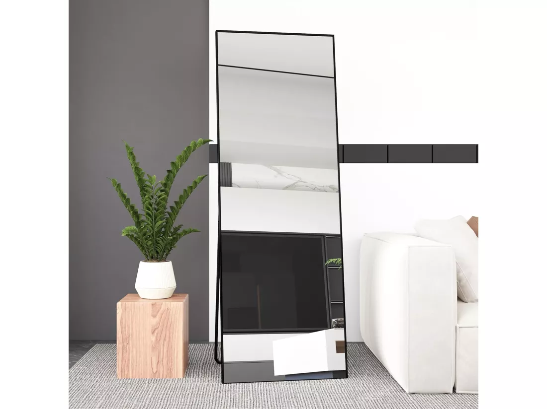 Miroir pleine longueur 165 x 60 cm, sur pied, suspendu ou appuyé, grand miroir de sol avec cadre en alliage d'aluminium noir pour salon ou chambre à coucher, rectangulaire